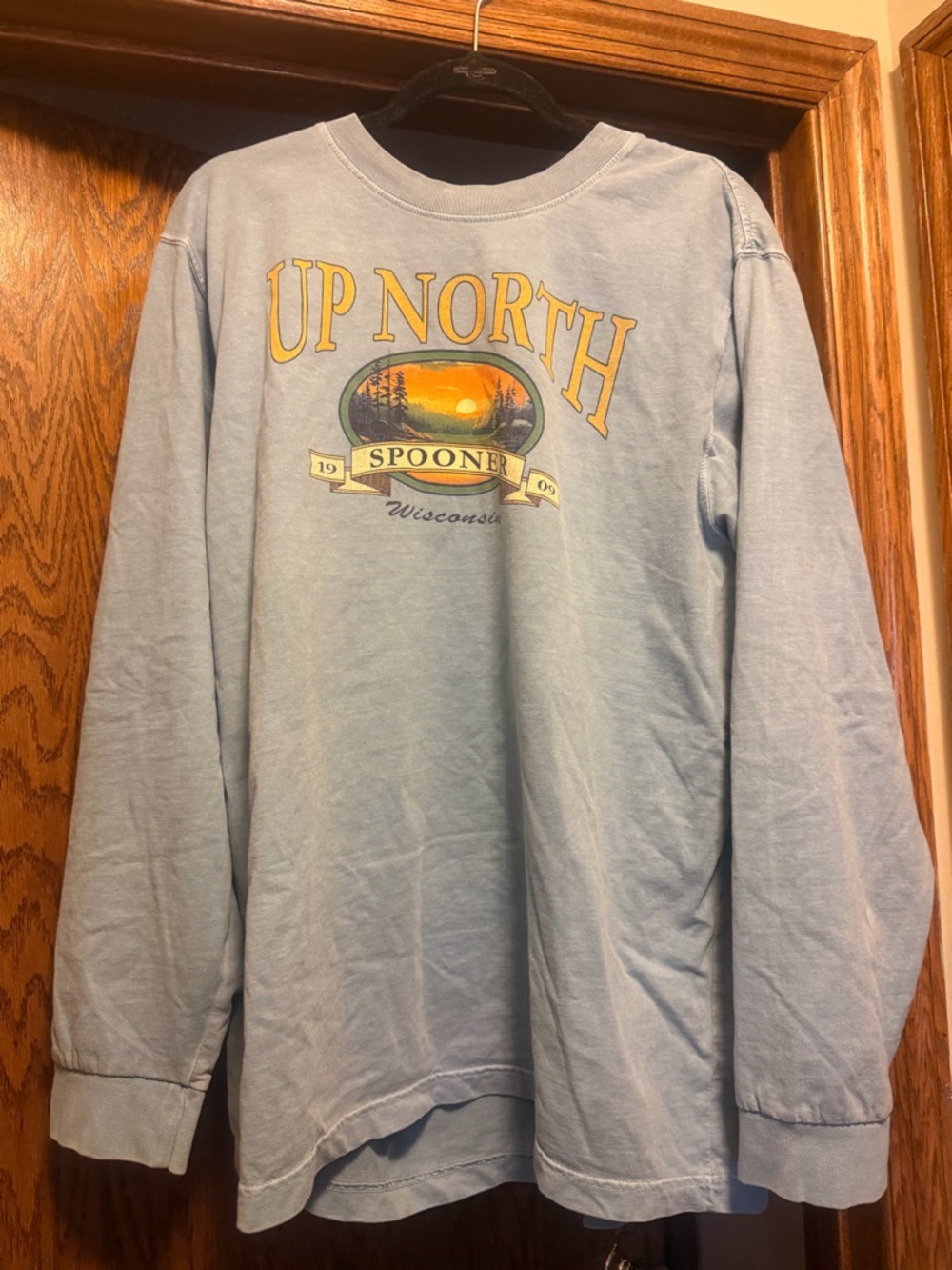 Up North Spooner Wisconsin Light Blue Long Sleeve Tee